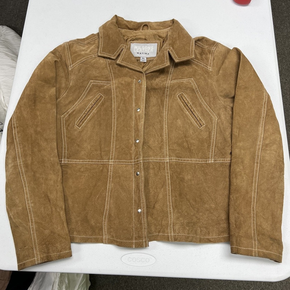 Wilsons Leather Maxima Jacket Women XL Tan Suede Contrast Stitch Snap Front